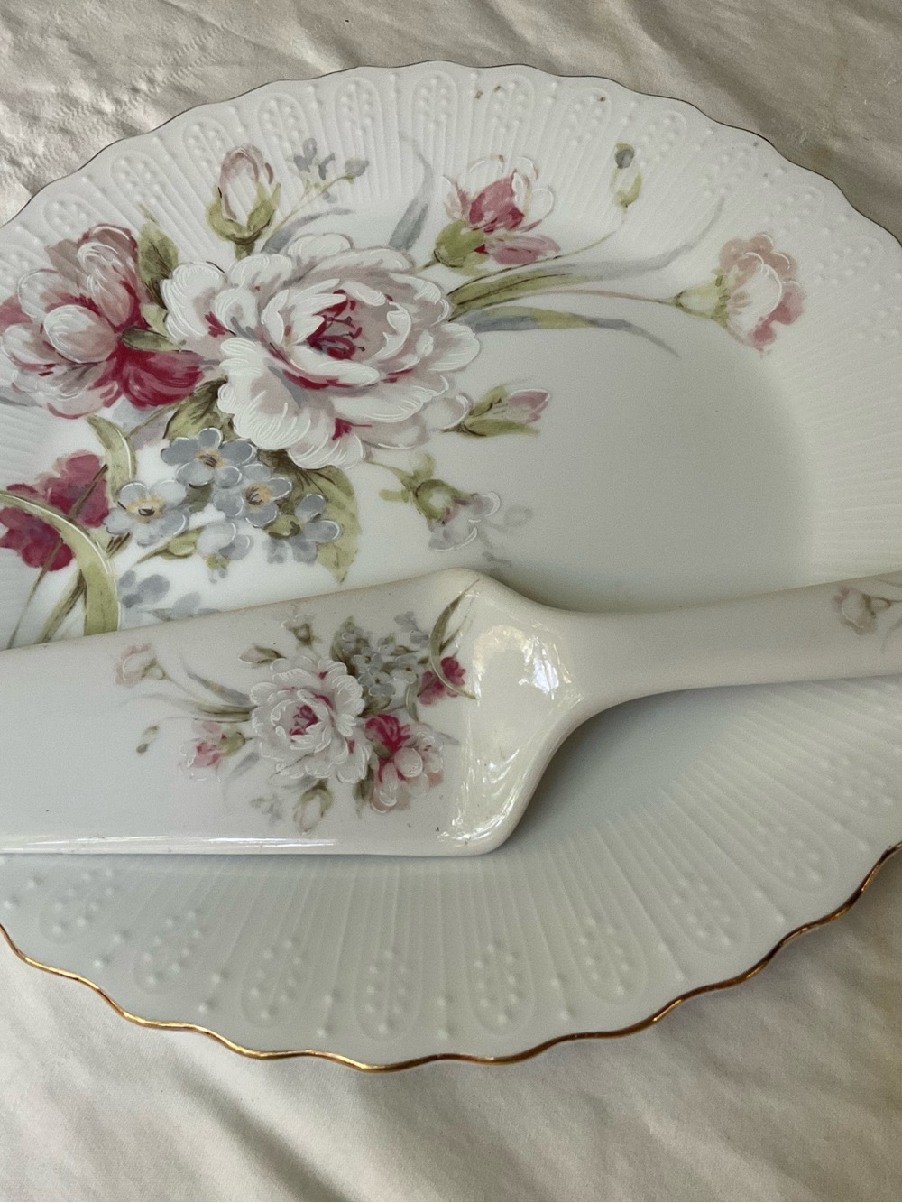 Box #1-Porcelain Floral Cake Server Set - White with Pink Rose Design
